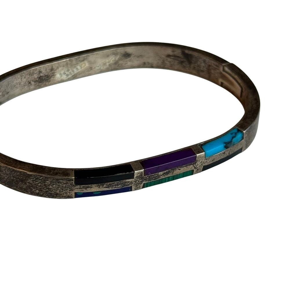 Vintage Mexico 925 Sterling Silver Multi Stone Inlay Hinged Bangle Bracelet - Picture 3 of 10